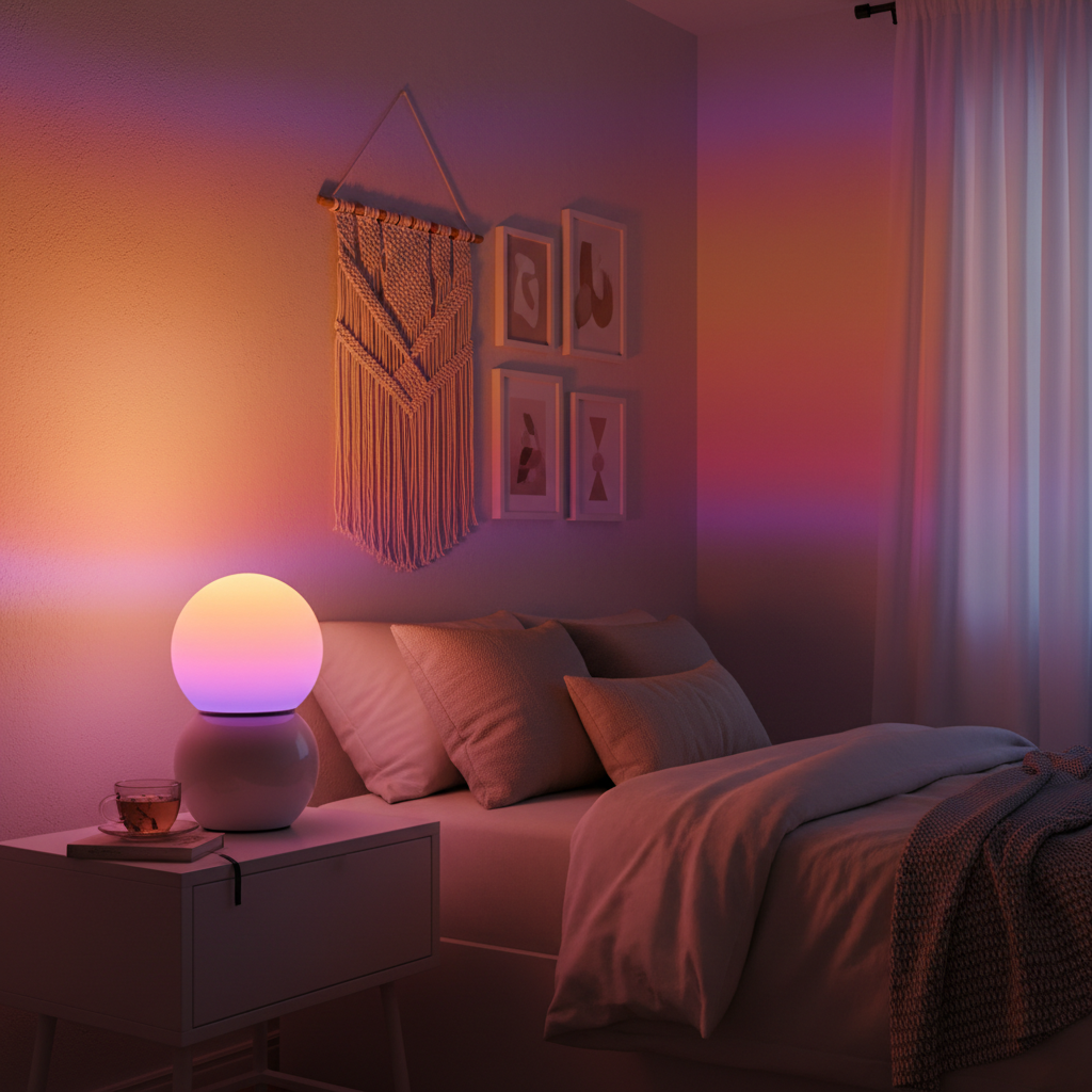 Sunset Projection Lamp casting warm orange and pink light across a cozy bedroom